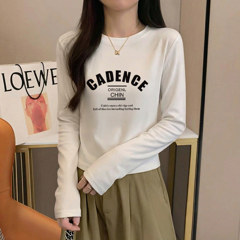2026春季新款纯棉圆领白色长袖t恤女百搭显瘦减龄设计感短款上衣