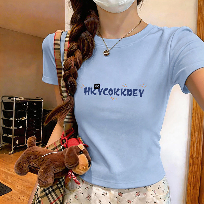 纯棉正肩短袖t恤女夏季新款设计感浅蓝色减龄小个子显瘦短款上衣