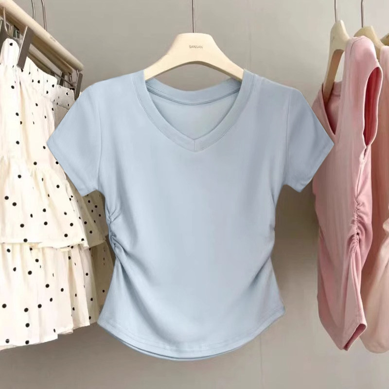 夏季多巴胺穿搭蓝色v领正肩短袖t恤女收腰显瘦褶皱不规则短款上衣