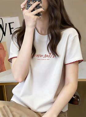 2026夏季新款设计感花边袖口白色圆领短袖t恤女美式复古短款上衣
