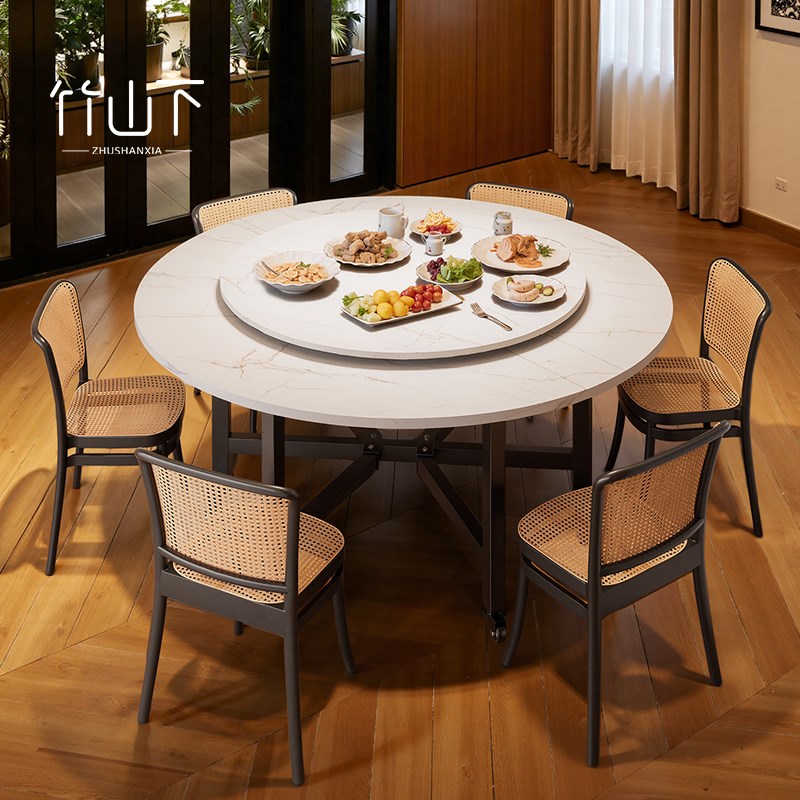 折叠餐桌大理石纹大圆桌家用10人12人圆J形饭桌带转盘新型欧式餐