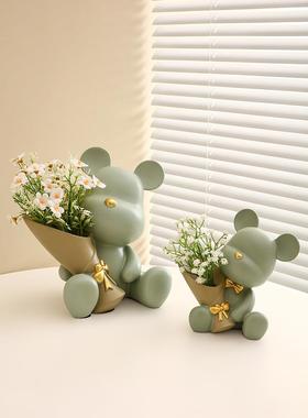 北欧创意捧花暴力熊玄关客厅摆件家居电视柜桌面装饰乔迁新居礼品