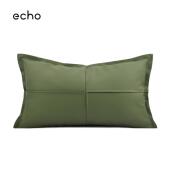 现代简约轻奢样板房间抱枕绿色皮革拼接靠枕沙发客厅羽绒腰靠垫套