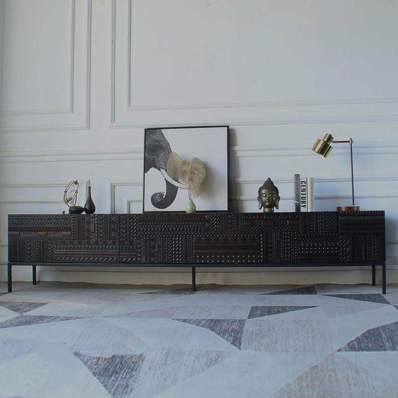 北欧侘寂风2023年新款中式实木3米长橡木雕花储物电视柜茶几组合