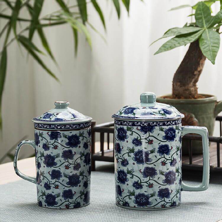 冠福陶瓷杯子青花瓷大号茶隔杯老板杯带盖子水杯马克杯盖杯包邮