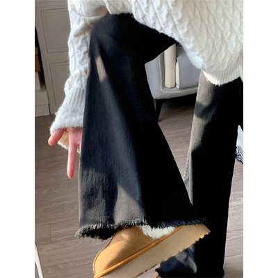 黑色微喇毛边牛仔裤女秋