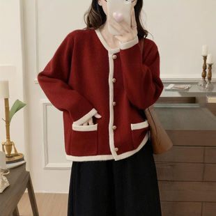秋装女款2025年新款秋季女装女士红色毛衣针织开衫女外套上衣秋冬