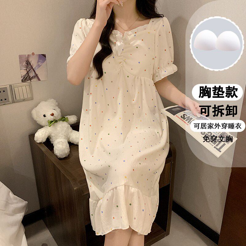 带胸垫睡裙女夏季2026新款波点印花薄款中长款裙子短袖睡衣家居服