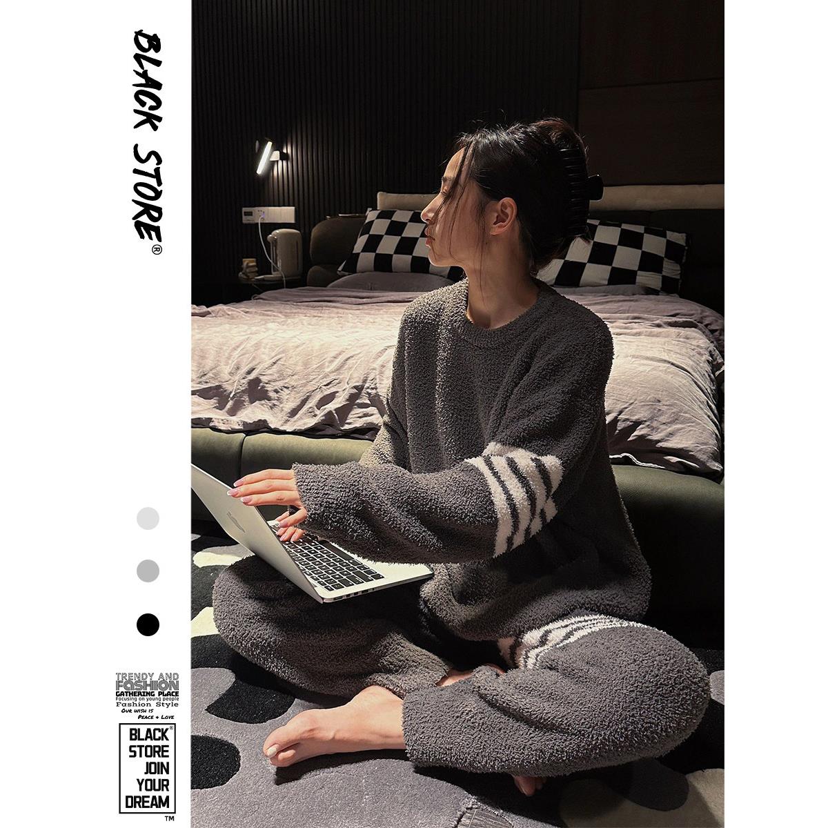 加绒加厚毛绒针织睡衣女款冬季韩系高级感半边绒家居服套装可外穿