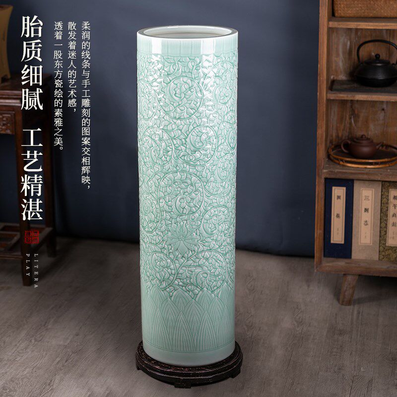 景德镇陶瓷器落地大花瓶手工雕刻青瓷箭筒客厅公司装饰品瓷瓶摆件