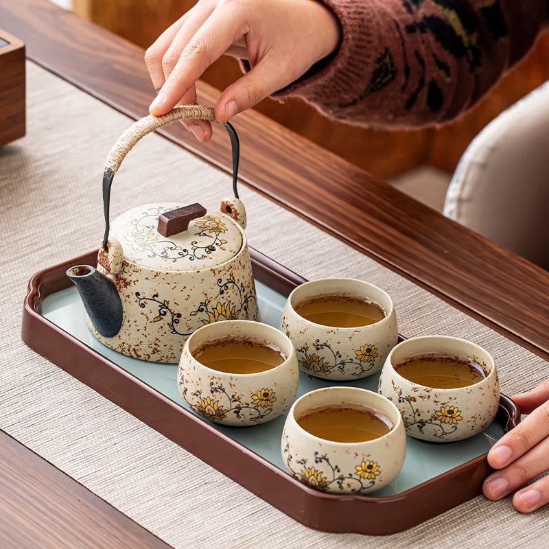青花火石红提梁壶中式过滤单壶家用陶瓷简约功夫茶具泡茶壶复古壶