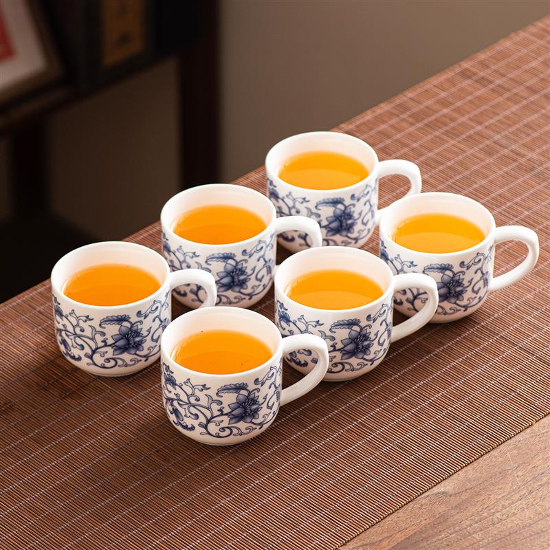 羊脂玉茶杯套装6只品茗杯带把主人杯家用办公待客白瓷青花耳把杯