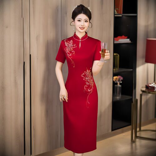 喜婆婆婚宴敬酒服短袖国风旗袍裙