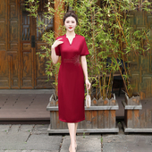 V领连衣裙镶钻婚礼旗袍裙结婚喜服 喜婆婆婚宴敬酒服短袖 夏季 新款