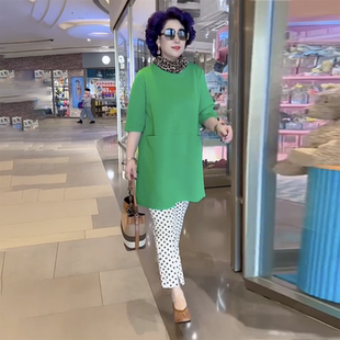 夏季女装韩版宽松中长款半袖T恤女中老年妈妈装宽松遮肚显瘦套装