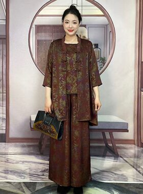 中老年妈妈装国风中长款开衫套装