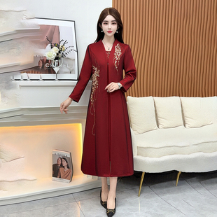 喜婆婆婚宴敬酒服高端贵气长款 风衣 外披小个子旗袍外套喜服长开衫