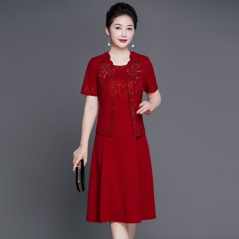 短袖吊带套装两件套连衣裙喜婆婆婚宴敬酒服婚礼A字裙结婚礼服裙