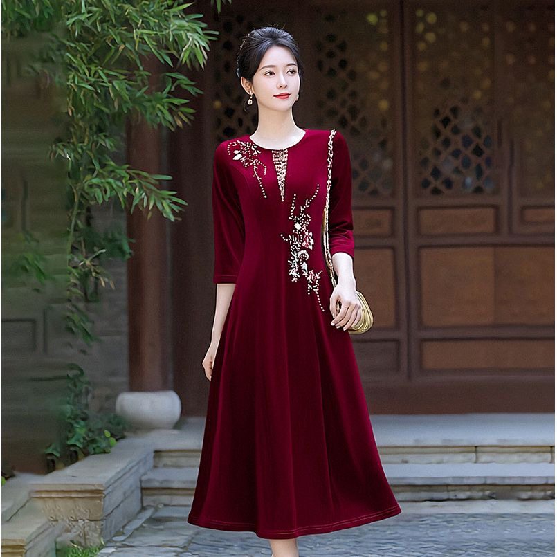 妈妈装丝绒连衣裙结婚礼服裙喜婆婆A字裙敬酒服高端气质晚装裙子
