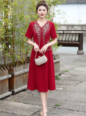 红色短袖婚庆礼服两件套喜婆婆婚宴敬酒服高端气质连衣裙妈妈晚装