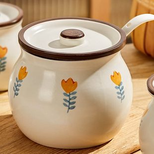 猪油罐辣椒油罐油泼辣子罐荤油罐日式 家用耐高温带盖勺陶瓷装