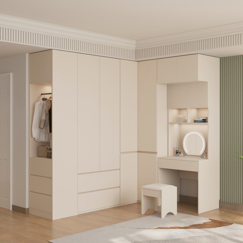 L型转角衣柜梳妆台一体 分段式家用卧室小户型奶油风90度拐角衣橱