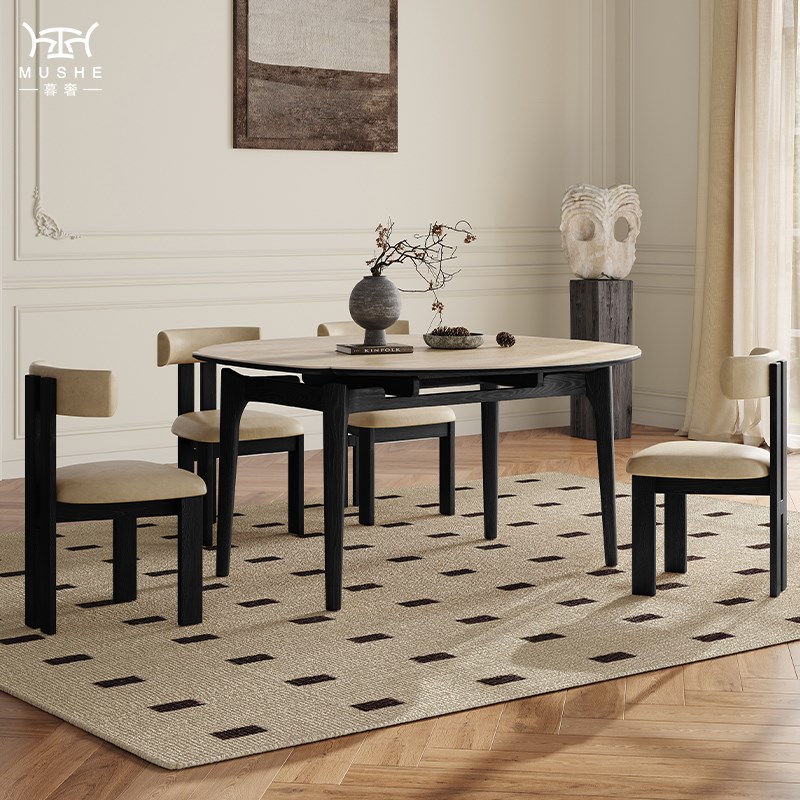 暮奢法式复古洞石岩板可伸缩餐桌简约圆变方折叠家用小户型餐桌