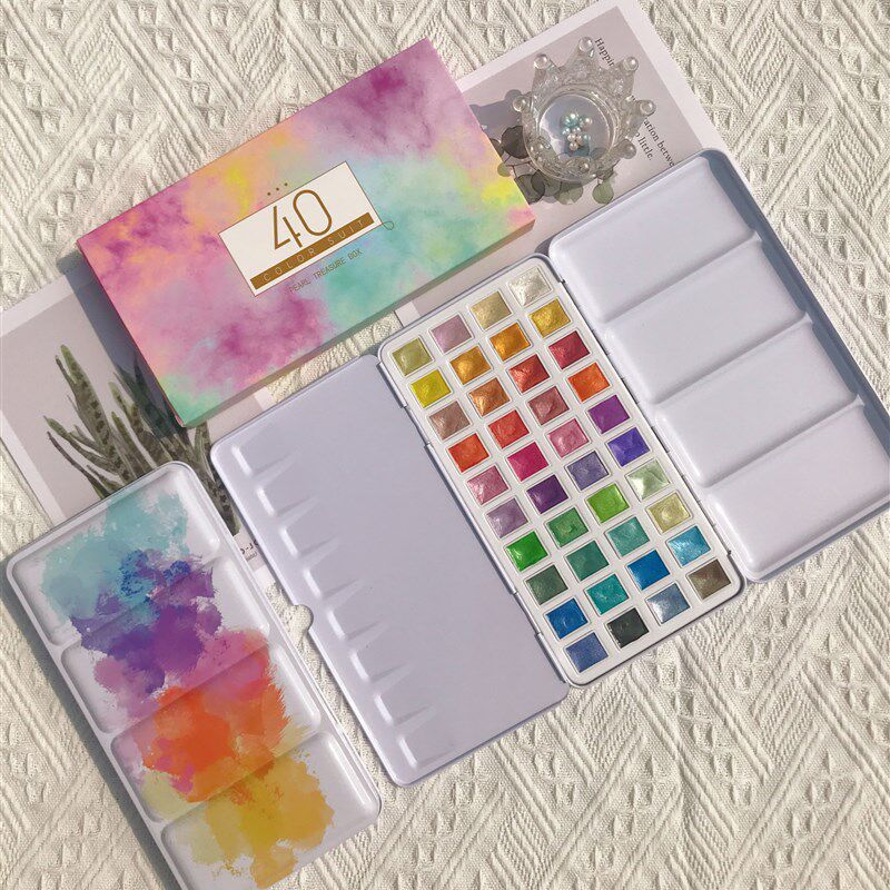 40色珠光固体水彩颜料铁盒小清新套装儿童学生初学者专业美术工具
