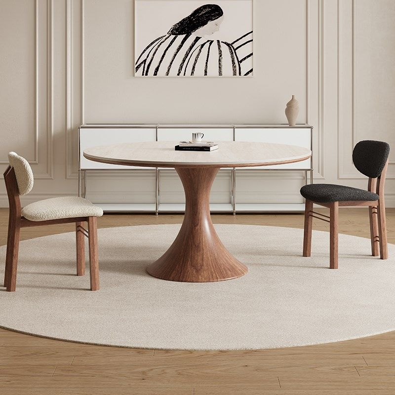 德利丰实木岩板餐桌圆桌家用小户型法式中古风高端全托圆形饭桌子