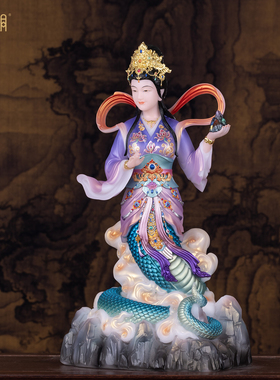 女娲娘娘汉白玉彩绘玄关供奉摆件