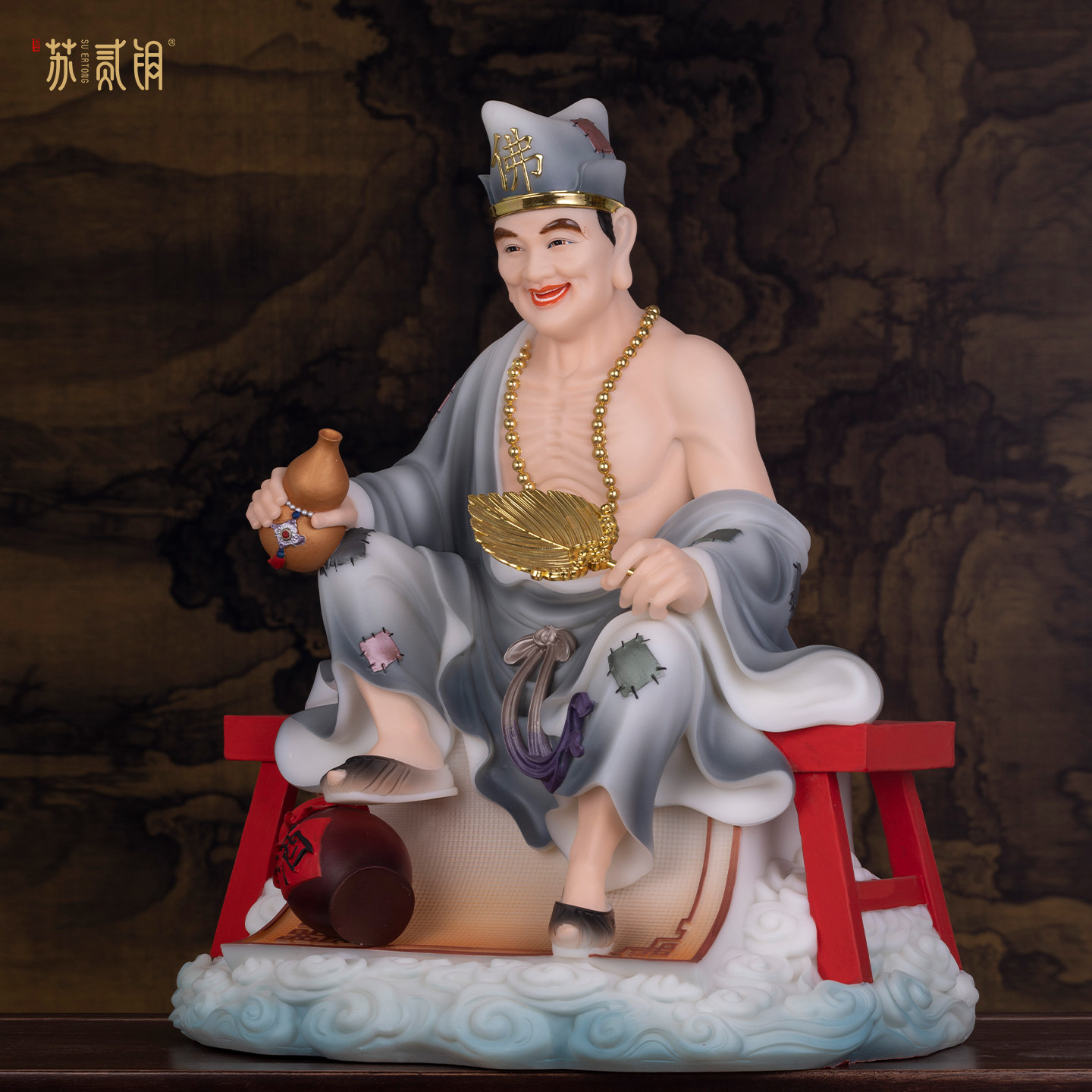 汉白玉济公降龙罗汉神像供奉摆件