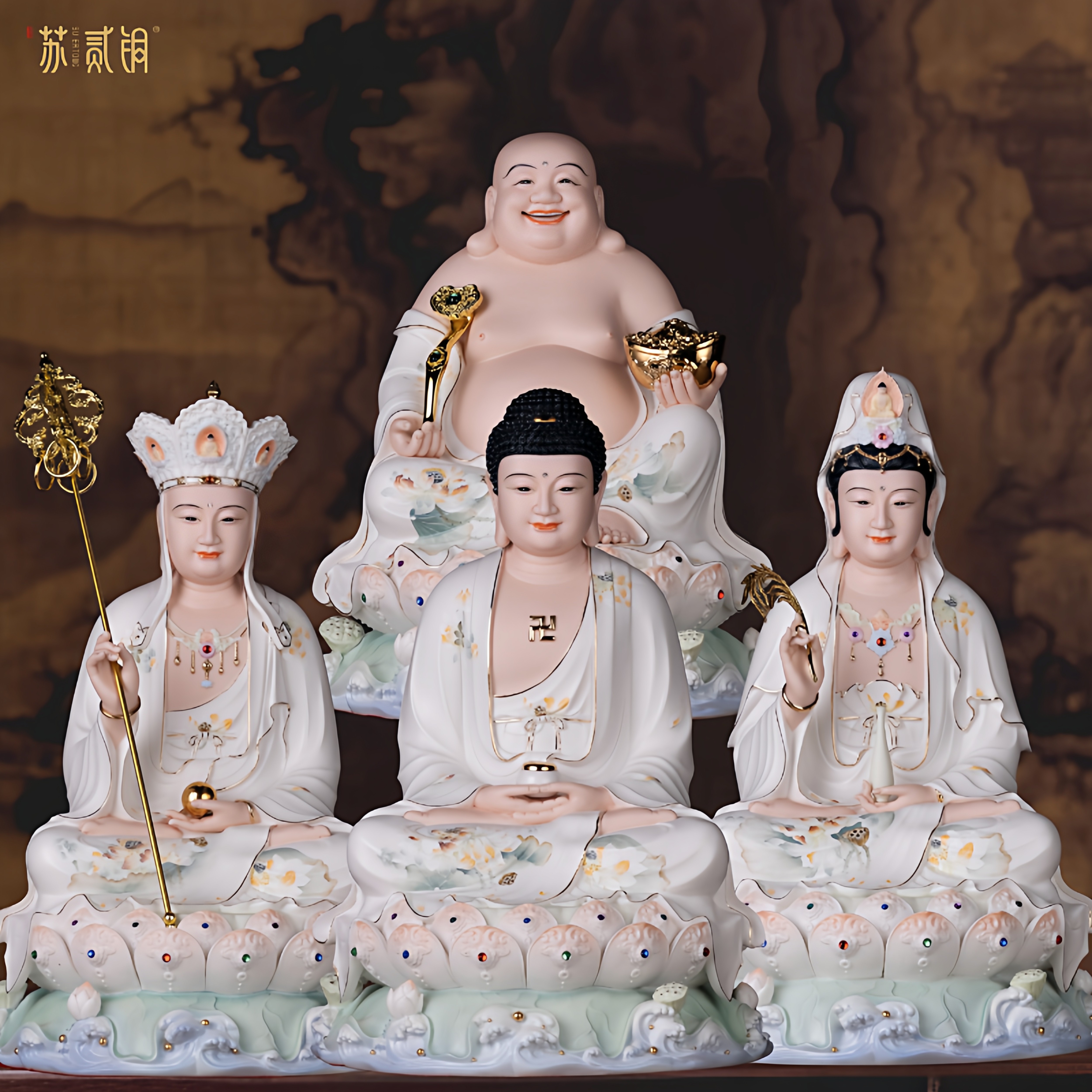 德化陶瓷全堂佛婆娑四圣供奉摆件