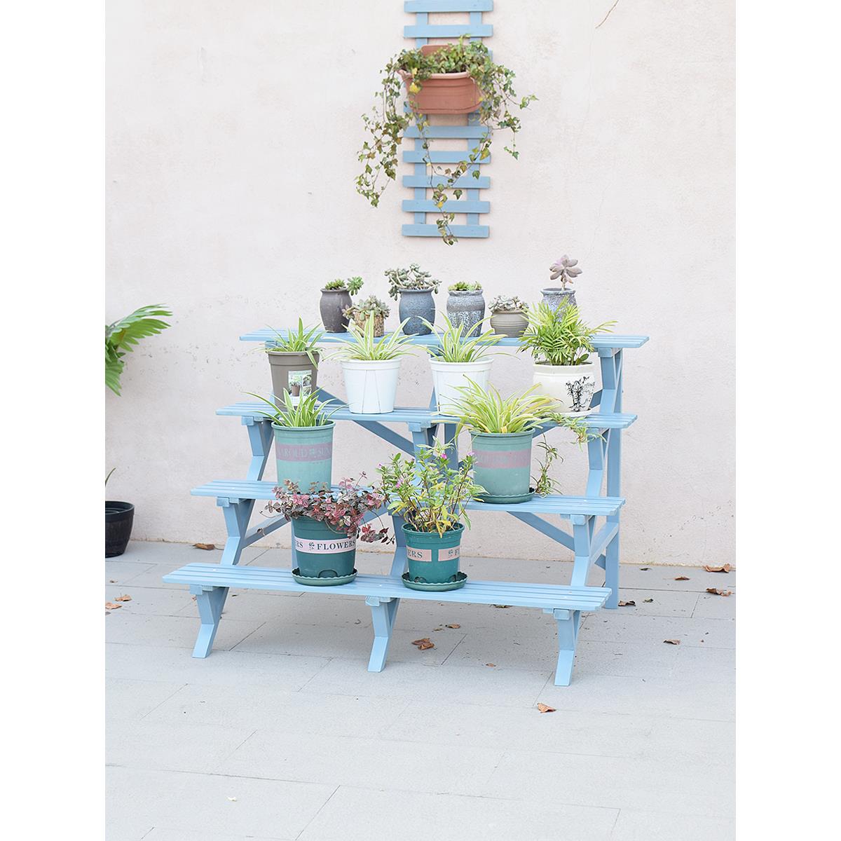 多层阶梯式实木花架复古蓝色四层吊兰防水花盆架加落地式可配轮子