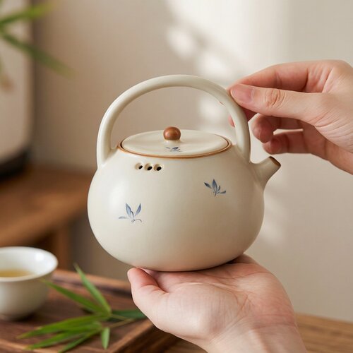中国风汝窑兰花提梁壶家用泡茶壶