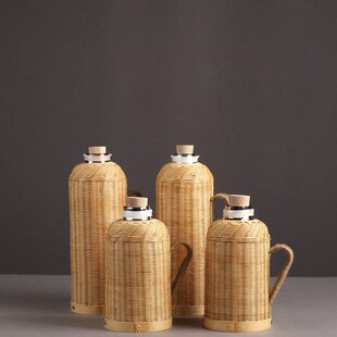 竹编竹细丝精细编水瓶壳中式x覆古风玻璃真空内胆保温壶开水瓶家