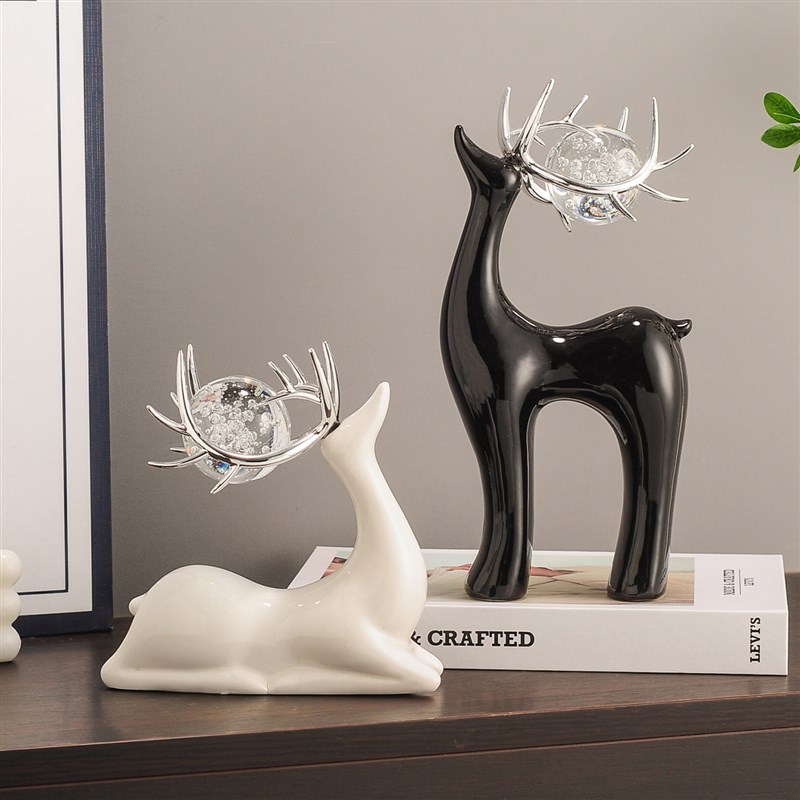 现代福鹿高级感客l厅玄关酒柜装饰摆件电视柜陶瓷轻奢摆件乔迁礼