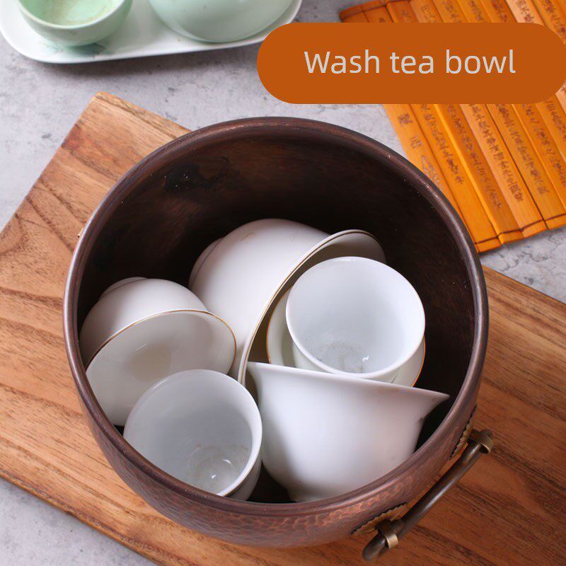 纯手工紫铜茶洗茶渣缸加厚水盂建水笔洗茶道桶茶杯桶多功能废茶桶