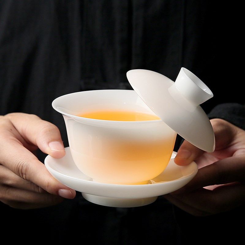 悬停冰种玉瓷盖碗大号三才敬茶碗单个高档薄胎泡茶杯陶瓷功夫茶具