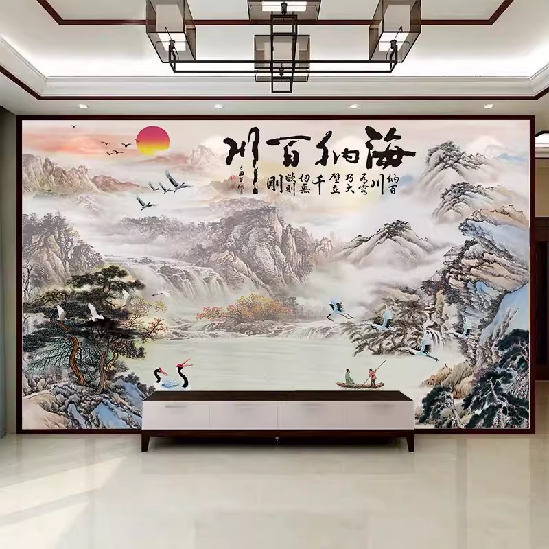 海纳百川电视背景墙壁纸自粘山水墙贴办公室壁画沙发3d影视墙壁布