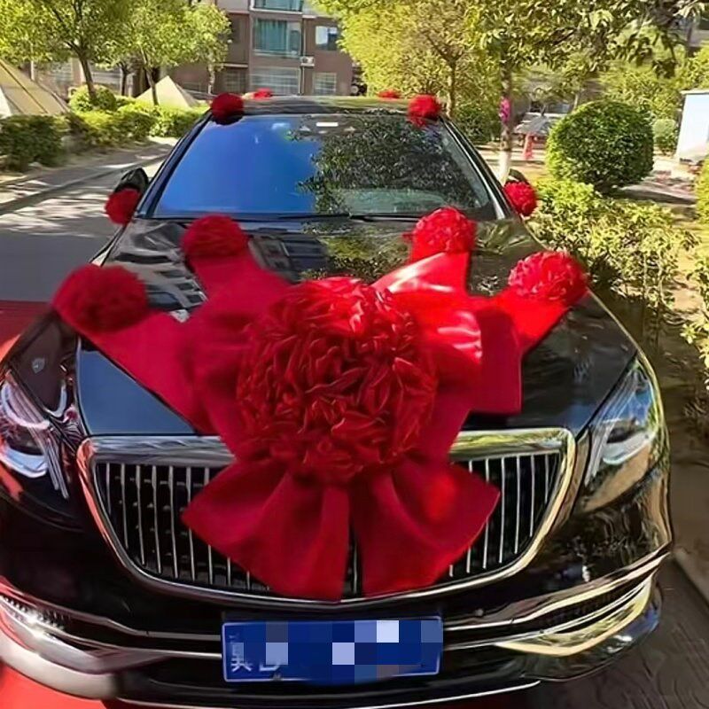 高级绸缎布结婚主结婚礼车布置大红花球蝴蝶结造型结婚礼车头车装