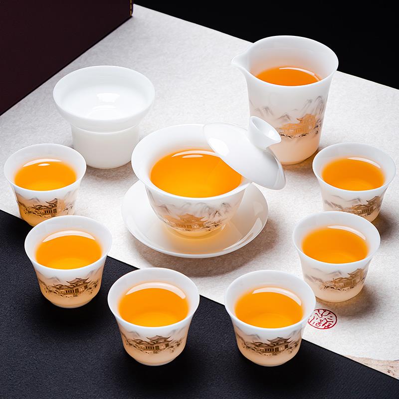 高档冰种羊脂玉瓷三才盖碗家用德化白瓷可旋转悬停泡茶碗功夫茶具