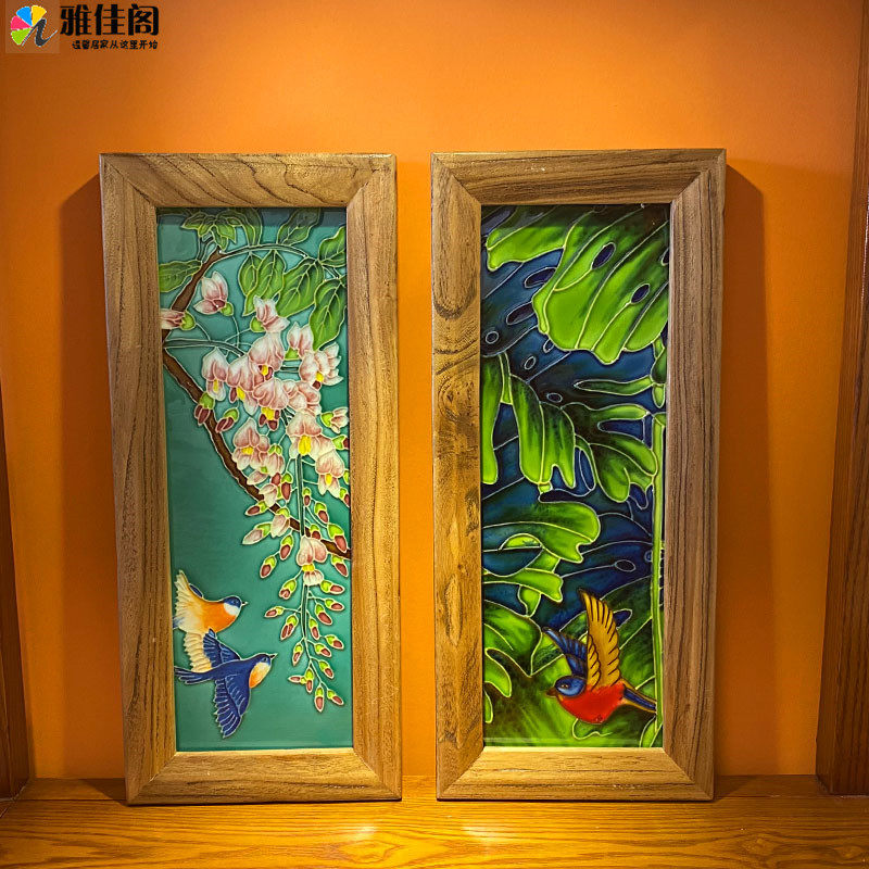 进门玄关花鸟手绘陶瓷竖版瓷板画客厅沙发背景墙壁画卧室装饰画