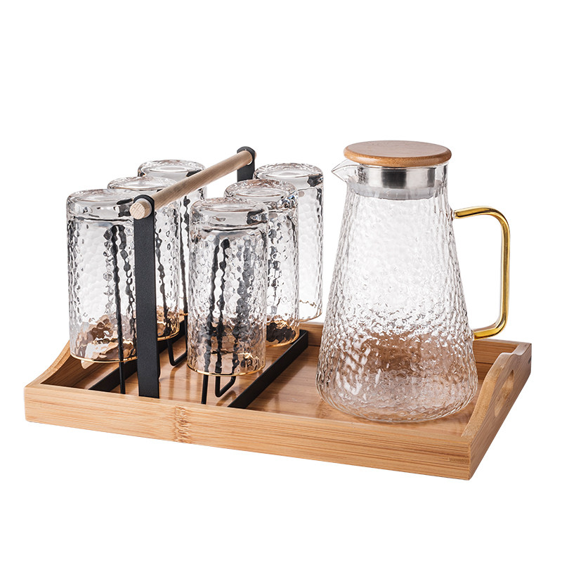 家用玻璃水具套装简约北欧冷水壶耐热锤纹玻璃杯6只装带托盘杯架