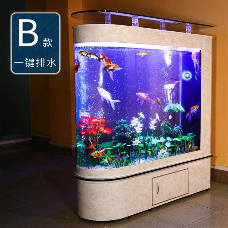子弹头鱼缸水族箱生态屏风隔断 鱼缸白色落地过滤玻璃鱼缸高清