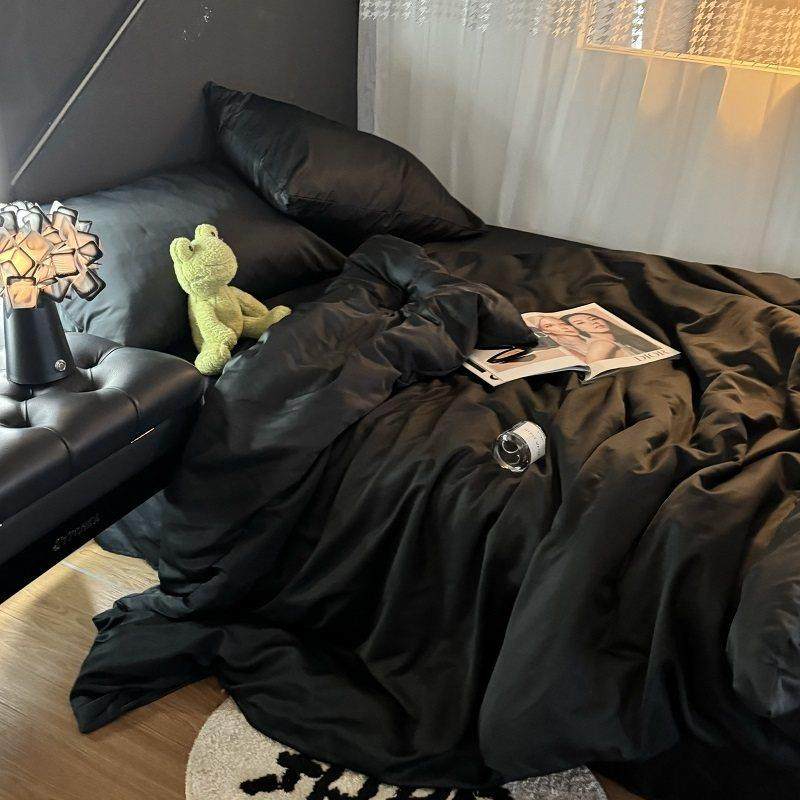 春夏季冰丝被套四件套纯黑色简约床单男女公寓宿舍三件套水洗真丝