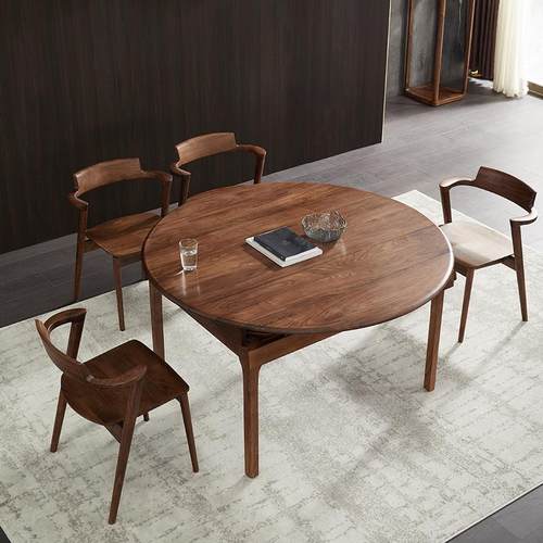 北美黑胡桃木实木餐桌多功能北欧圆桌简约现代家用可伸缩吃饭桌子