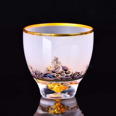 祁县龙渊人工水晶玻璃茶杯防烫主人杯功夫茶具描金贴花纸品茗单杯