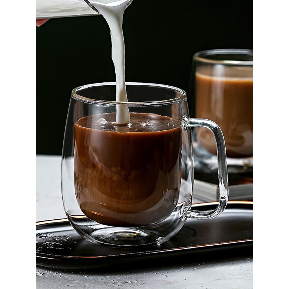 家用双层玻璃隔热带把咖啡杯拿铁马克杯男女办公室带盖加厚茶水杯