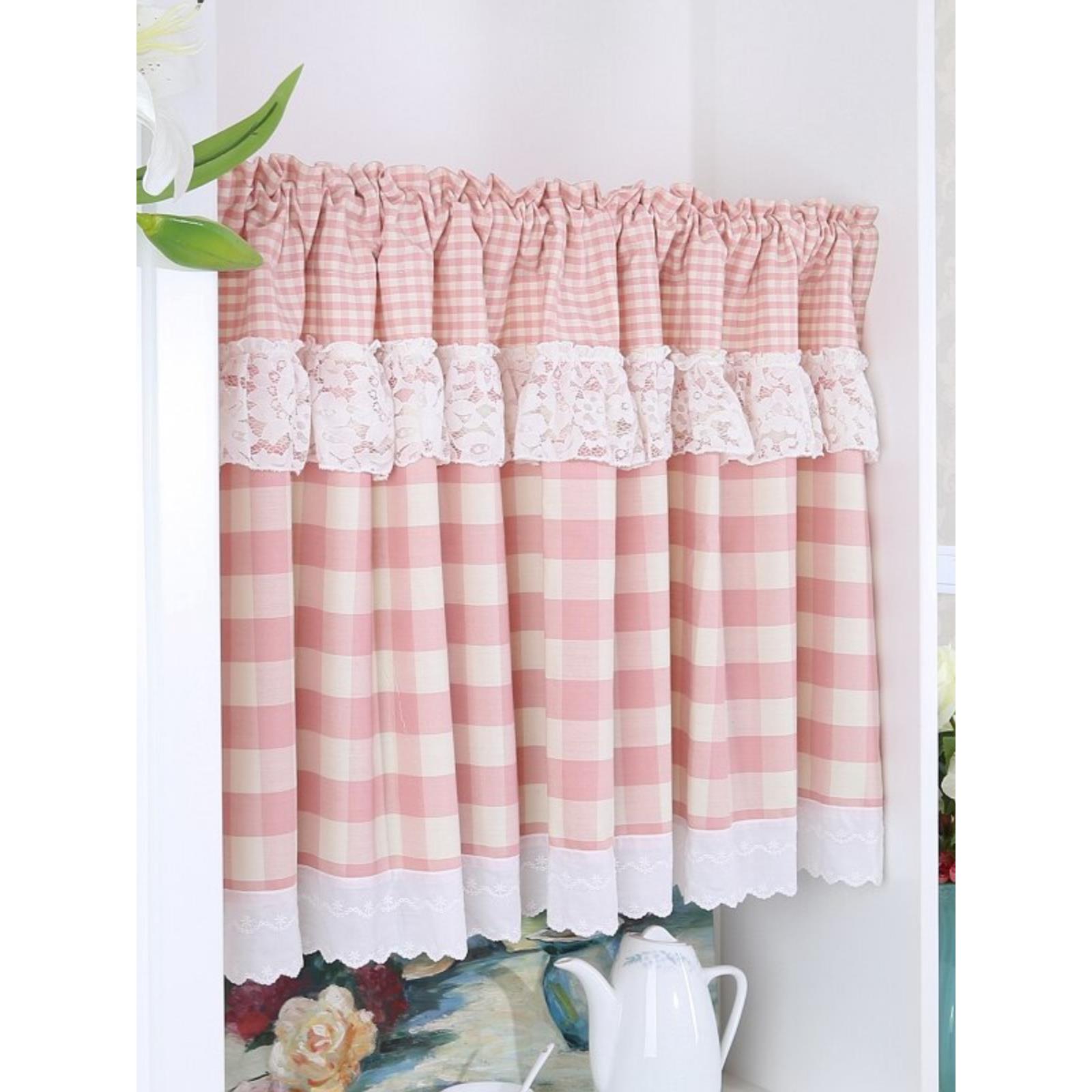 格子半帘田园短帘小卧室儿童窗帘厨房帘飘窗门帘女孩蕾丝纱公主风
