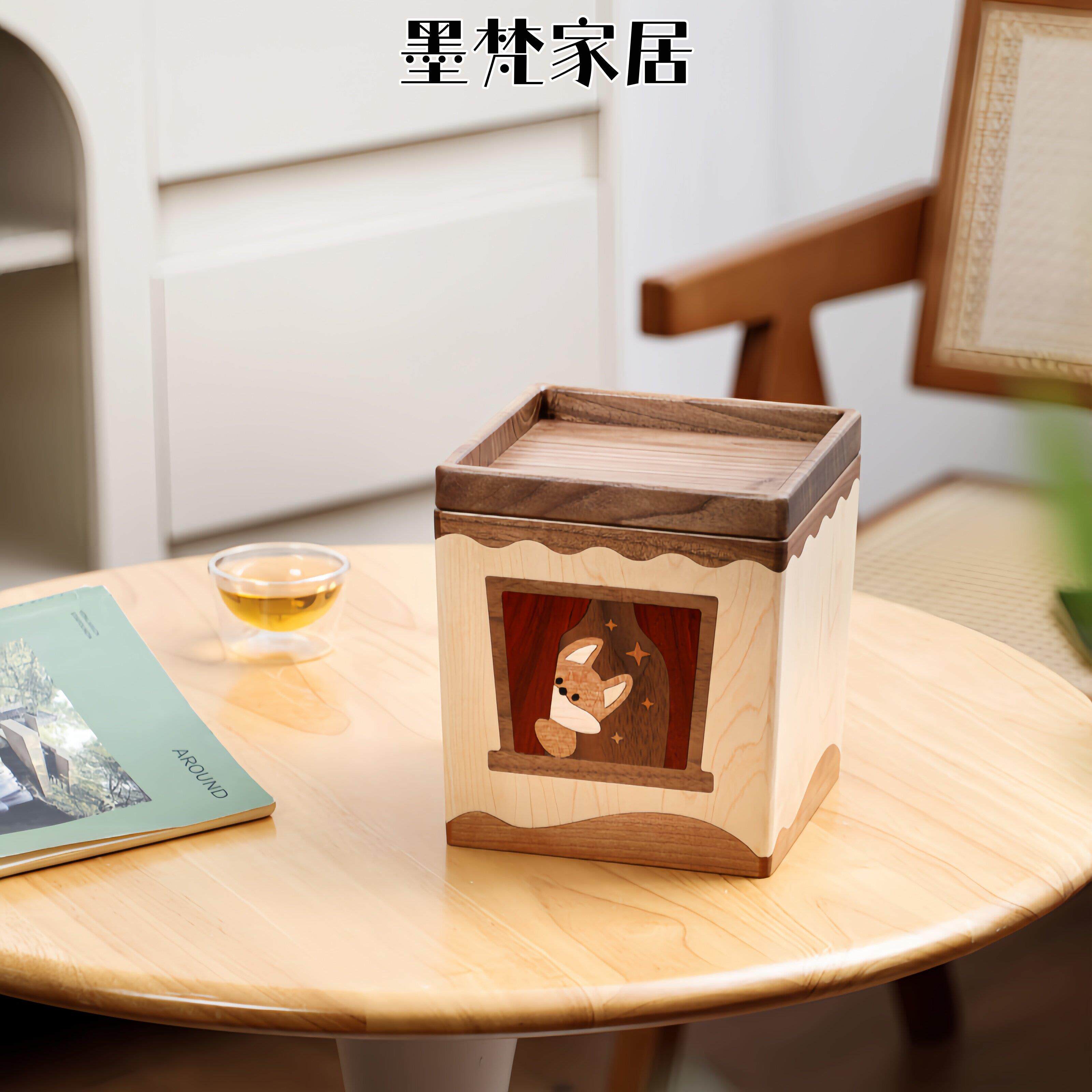 实木狐狸桌面垃圾桶高颜值可爱收纳盒带内胆餐桌吐骨碟小木盒